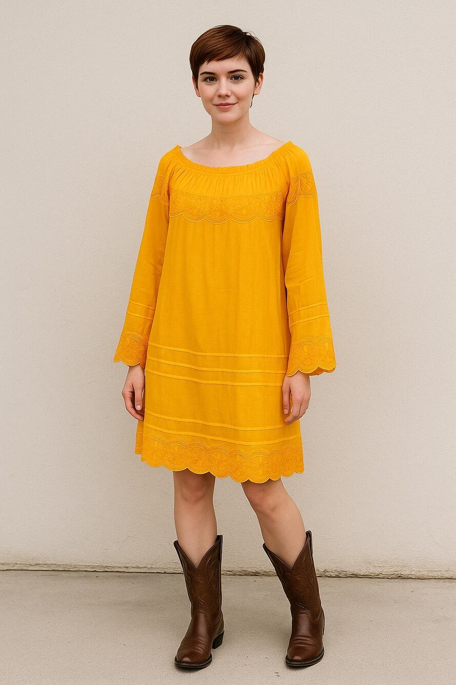Sundance 100% cotton Bright Orange scoop neck embroidered Dress bell sleeve S